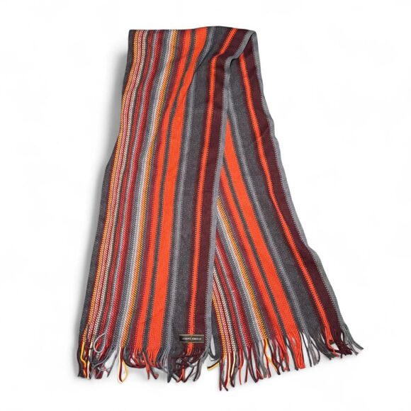 NWT Joseph Abboud Men’s Striped Fringe Scarf Gray Orange Red Acrylic Knit Winter - Picture 1 of 5